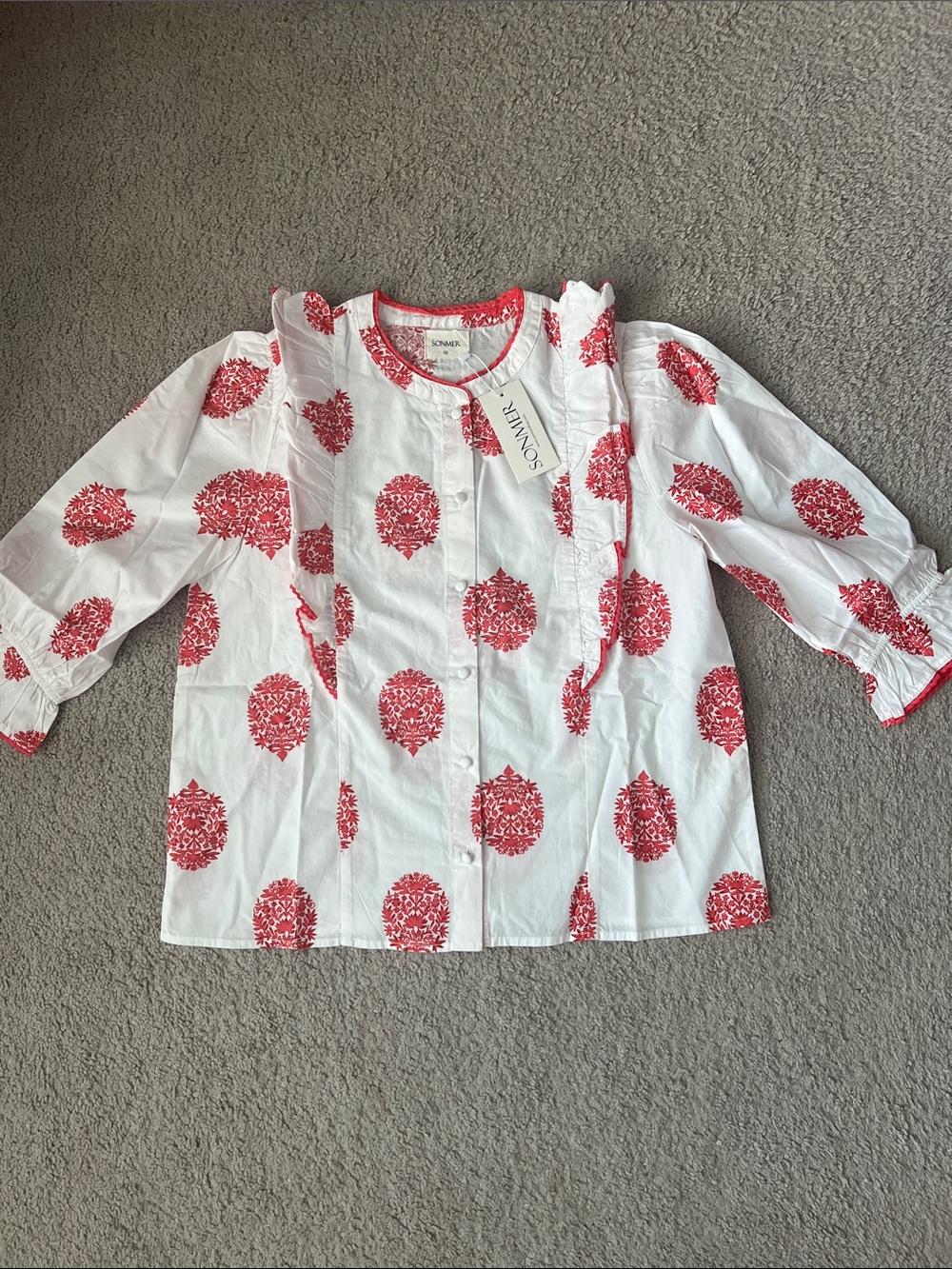 SOMER White Button-Front Shirt with Red Floral Medallion Print